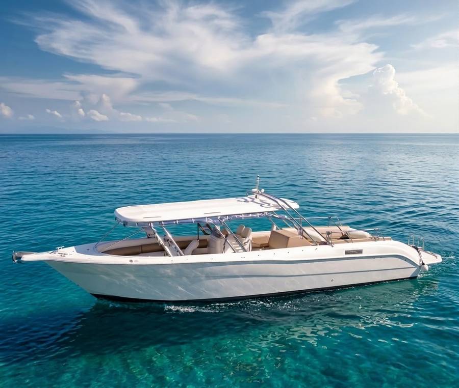 Adriatic Taxi Boat cruiser at anchor on open water