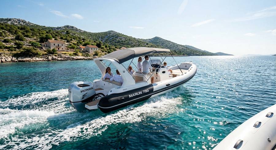 Marlin 790 RIB underway with guests aboard