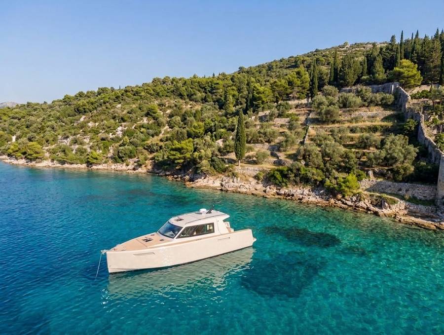 Cabin cruiser anchored in a quiet cove near Korčula